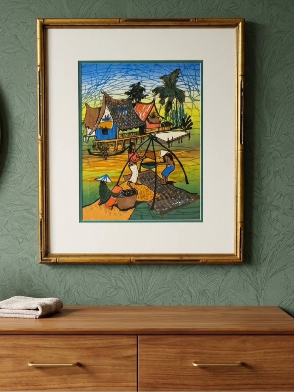Batik Hand-Painted Vibrant Village Scene Wall Art 
Pro framing
1 of 3 available